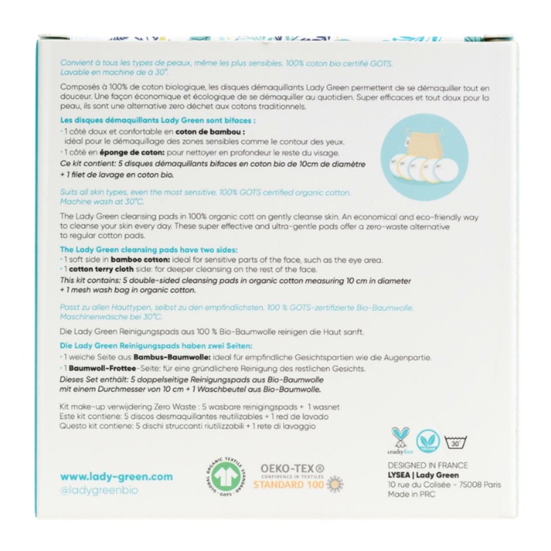 Kit démaquillage Zéro déchet - 5 Disques démaquillants + 1 filet de lavage